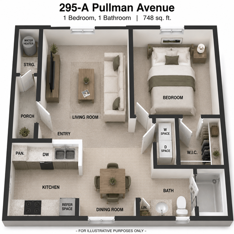Floor plan for 1 bed, 1 bath, 748 sqft